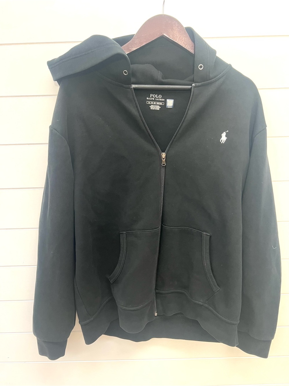 Polo Ralph Lauren Black Full Zip Hoodie Men XL White Pony Logo Sweatshirt
